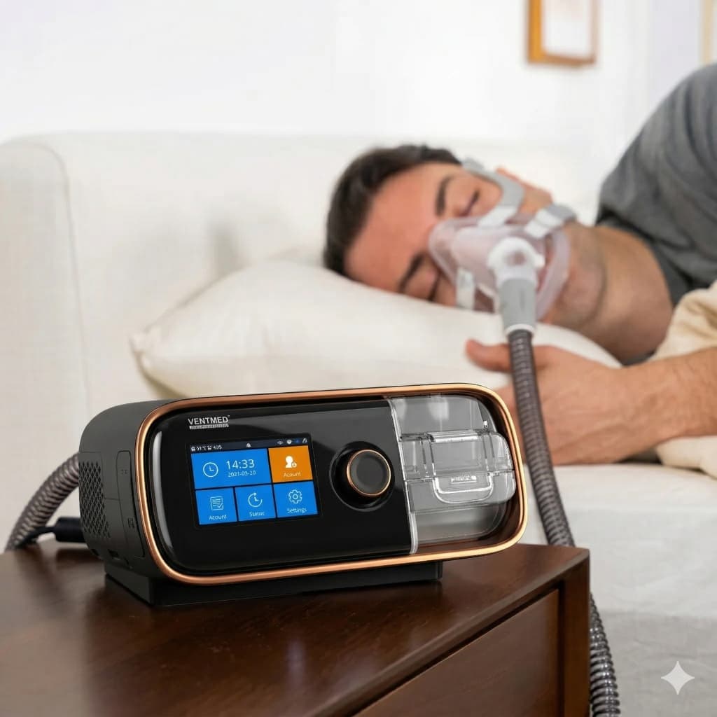 Equipo AutoCPAP VentMed en mesita de noche de paciente durmiendo con mascarilla