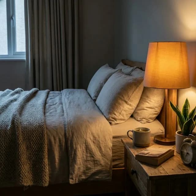 Cama oscura preparada meticulosamente aplicando higiene de relajación nocturna